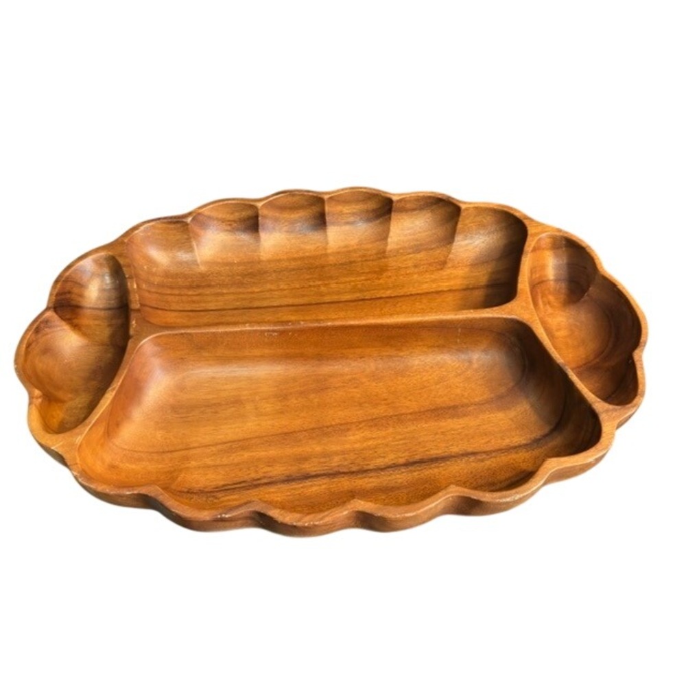 Vintage Monkey‎ Pod Wood Serving Tray Scalloped 4 Compartment Platter Brown 18in